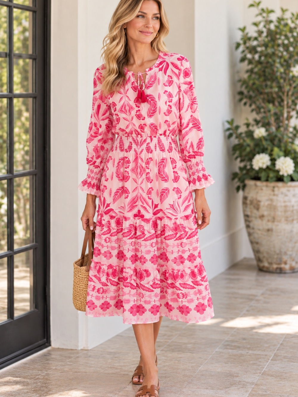 REDUCED Sail to Sable Pink Floral smocked and tiered Midi Dress NWT